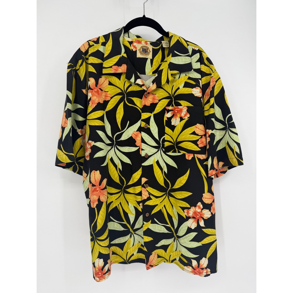 Pussers West Indies Mens Silk Cotton Floral Tropical Camp Shirt Black Large L